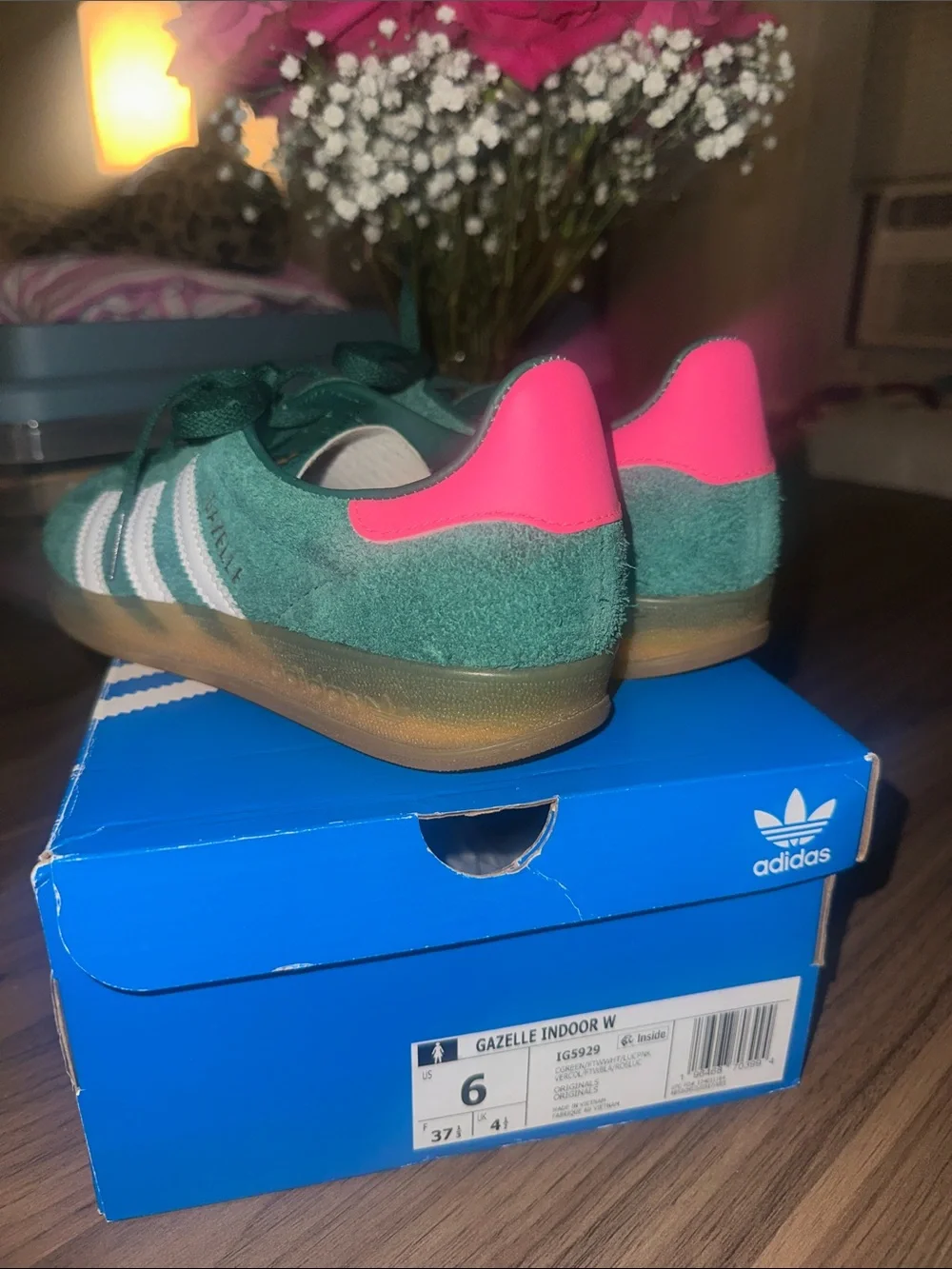 adidas Gazelle Green Suede Sneakers with Pink Heel Accent